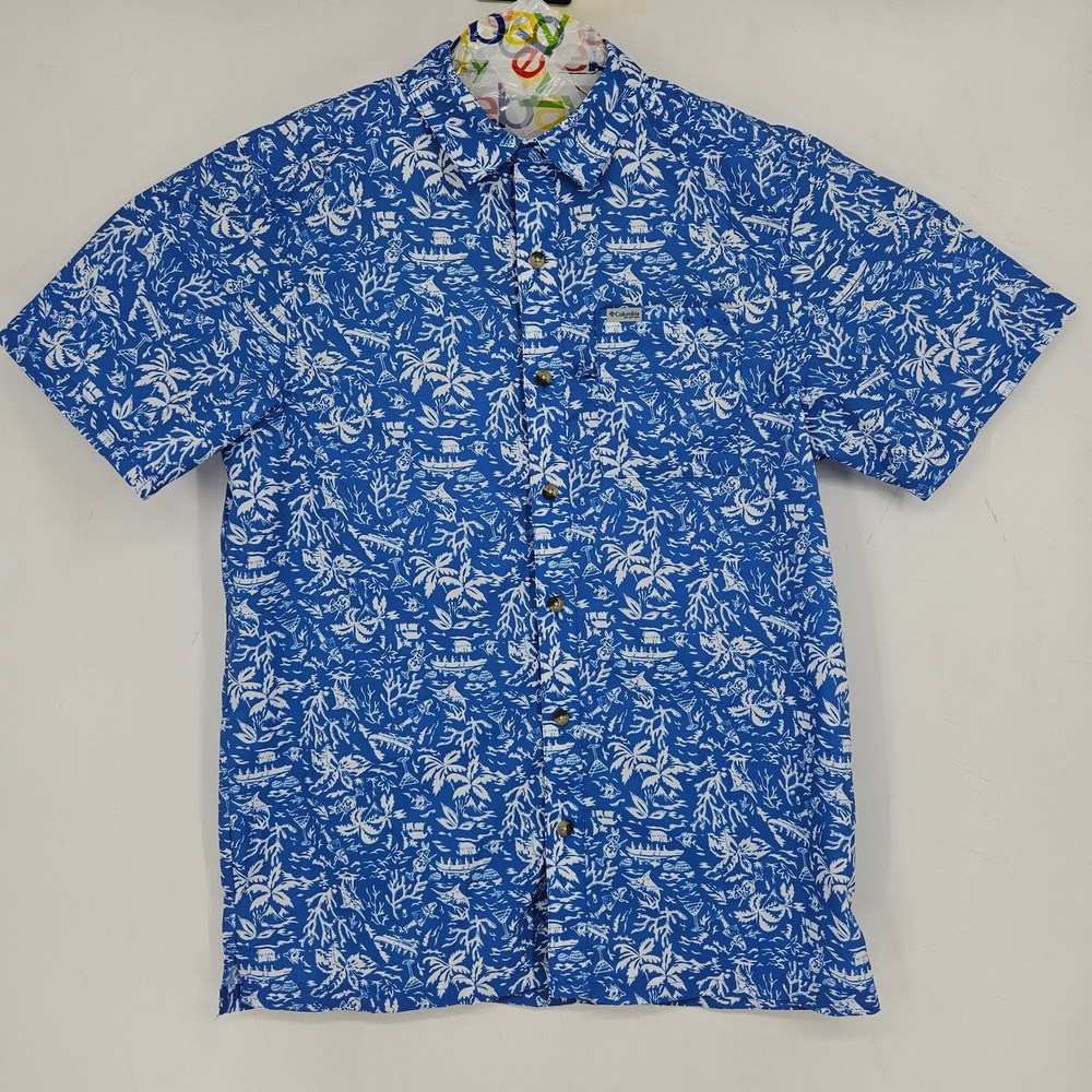 Columbia Shirt Mens Small PFG Performance Fishing Blue White AOP Omni Shade